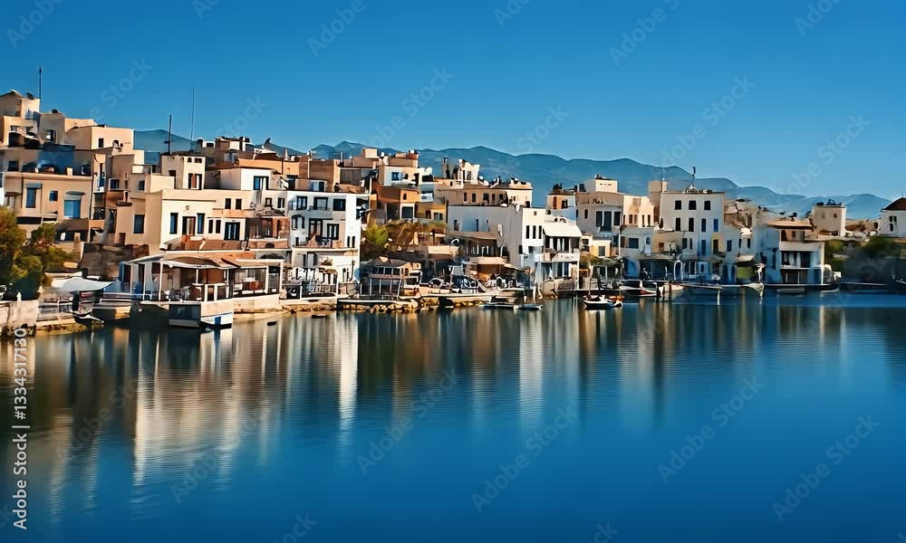 Calm harbor town sunrise, Greek Island, clear water reflection, idyllic village Calm harbor town sunrise, Greek Island, clear water reflection, idyllic village
