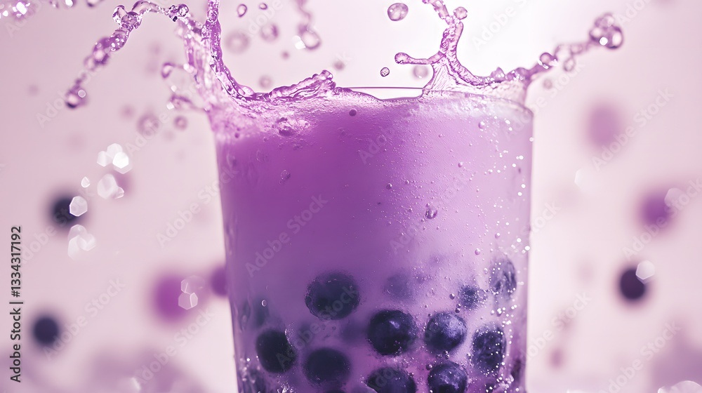 Purple Bubble Tea with Splashes and Bubbles Against a Soft Pink Background, Focus on Vibrant Color Contrast Between Dark Blueberry Hues and Symbolic White Crown Shape Purple Bubble Tea with Splashes and Bubbles Against a Soft Pink Background, Focus on Vibrant Color Contrast Between Dark Blueberry Hues and Symbolic White Crown Shape