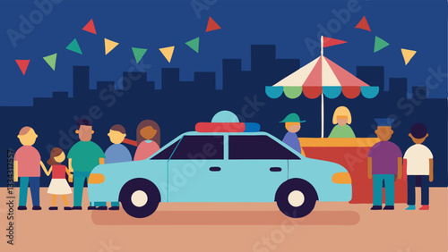 Safe Guard A police car stationed outside a public event its lights flashing showcasing readiness to respond while families and children enjoy the festivities nearby.