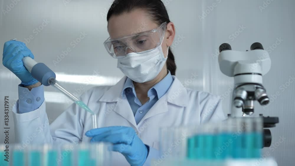 Scientist woman wearing a lab coat, mask, and safety glasses is using a micropipette to drop a blue liquid into a test tube, portrait view. Medicine and science concept Scientist woman wearing a lab coat, mask, and safety glasses is using a micropipette to drop a blue liquid into a test tube, portrait view. Medicine and science concept
