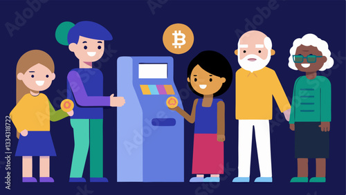 Diversity of Users A group scene showing a diverse range of peopledifferent ages and ethnicitiesinteracting with a cryptocurrency ATM.