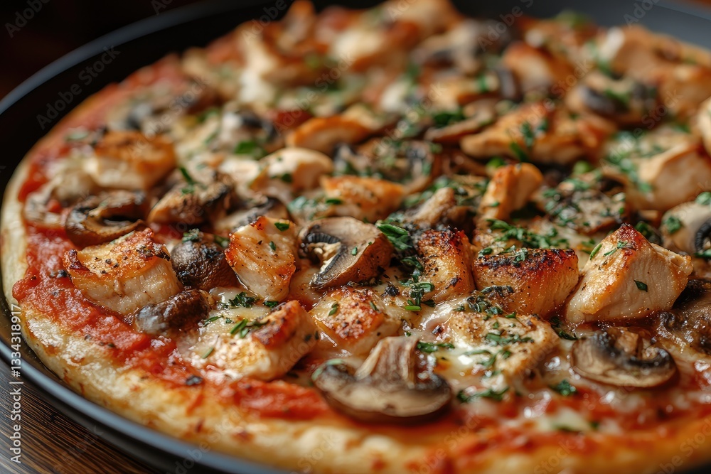 Wooden table with grilled chicken pizza topped with mushrooms, tomato sauce, and fresh herbs, ideal for restaurant menus and culinary blog promotions. Wooden table with grilled chicken pizza topped with mushrooms, tomato sauce, and fresh herbs, ideal for restaurant menus and culinary blog promotions.