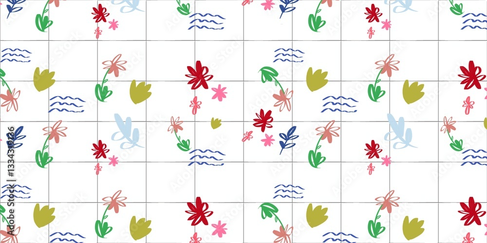 Fototapeta premium Hand drawn Abstract Floral Seamless Pattern with Grid and Waves