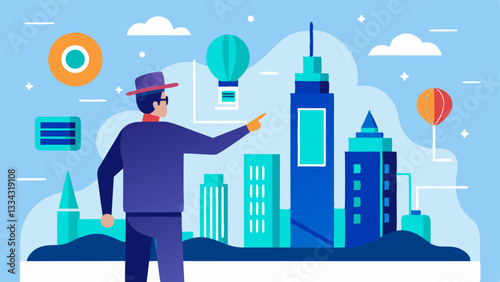 Futuristic Urban Architecture An AR guide pointing out futuristic buildings to a group of tourists while digital overlays show construction phases and architectural designs.
