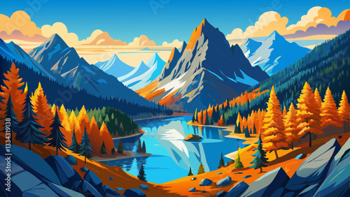 Picturesque view on Blue Lake. Autumn mountains landscape with Blue Lake and bright orange larches in the North Cascades National Park in Washington