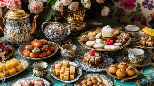 Festive Nowruz Table with Elegant Haft-Seen Display, Persian Sweets, Teapot, and Golden Cutlery photo