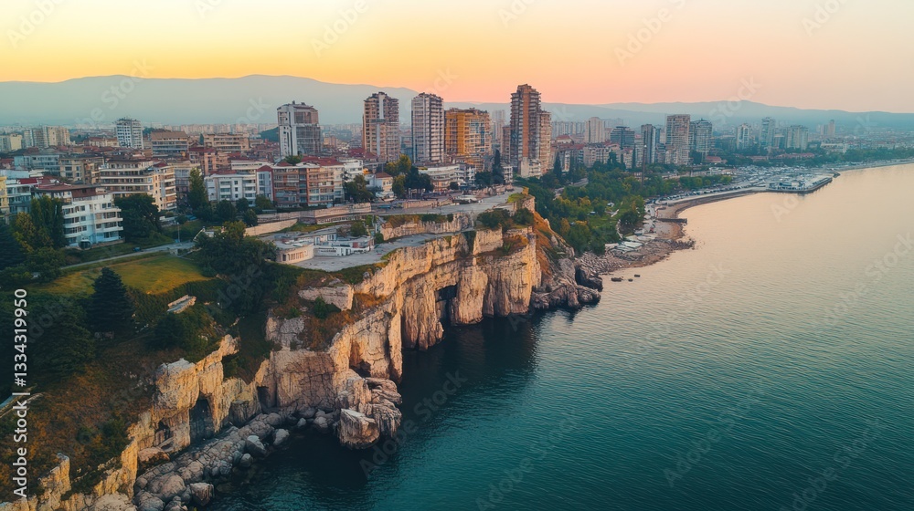 Fototapeta premium Coastal city at sunrise, aerial view.