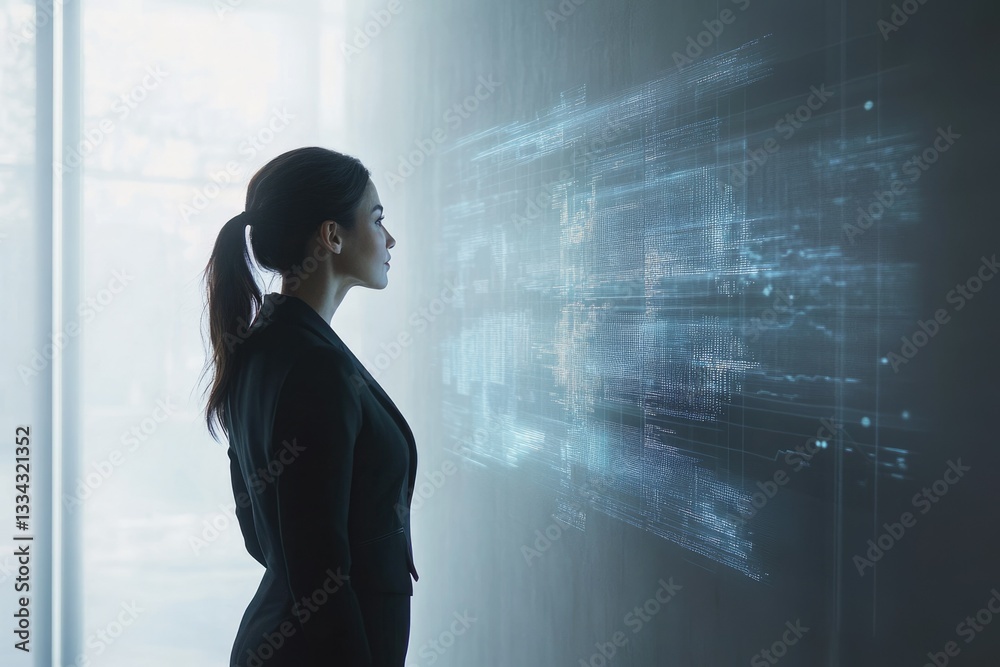 Fototapeta premium A businesswoman observes a futuristic digital interface, showcasing data streams and technological innovation.