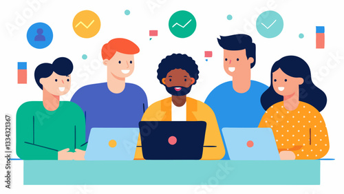 Group Discussion A diverse group of traders gathered around a table pointing at a laptop with various cryptocurrency graphs and discussing strategies enthusiastically.