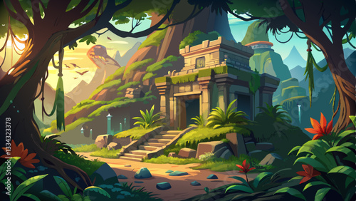 remote jungle temple overtaken by nature, with massive tree roots weaving through stone ruins and the distant call of exotic birds.