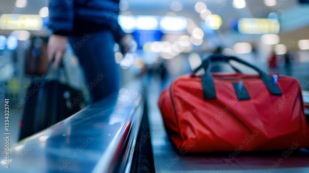Naklejka premium Close-up of airport security checkpoint, traveler placing bag on conveyor belt with blurred background of security scanners and X-ray machines.