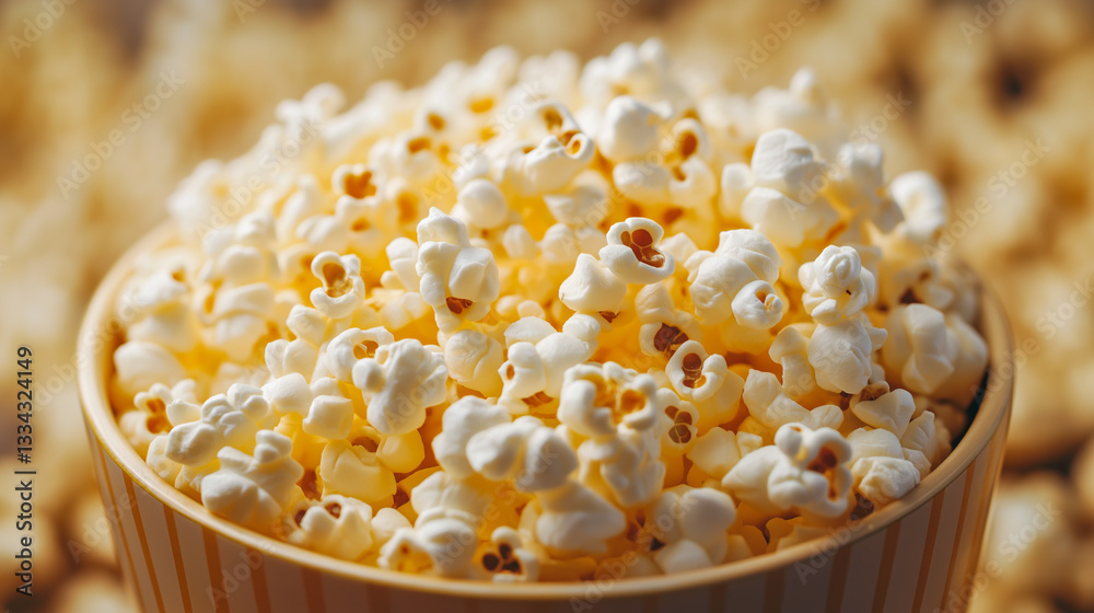 Freshly popped popcorn filled to the brim in a striped container perfect for movie night or snacking Freshly popped popcorn filled to the brim in a striped container perfect for movie night or snacking