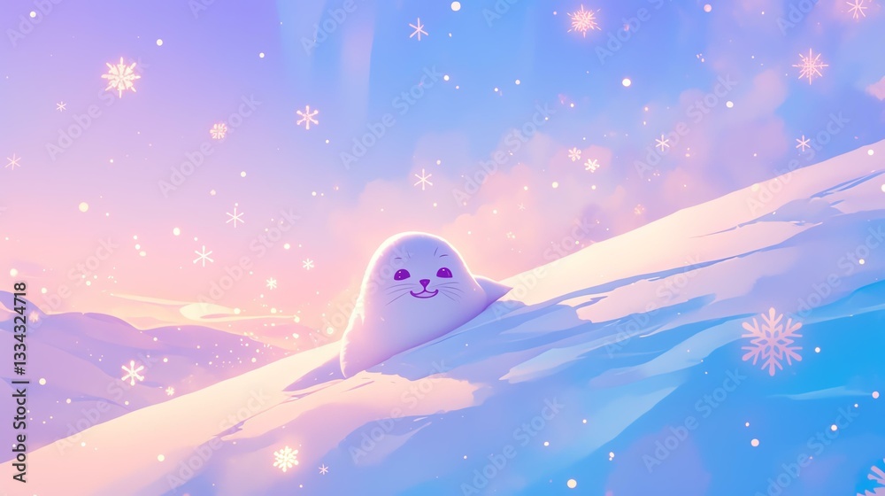 A cute, smiling seal peeking out of the snow, surrounded by sparkling snowflakes.