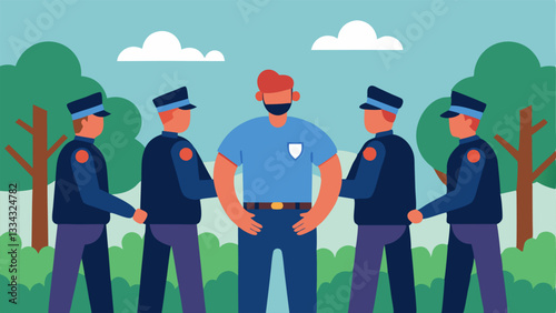 Public Arrest A suspect is surrounded by several police officers in a public park all wearing uniforms as they are being handcuffed.
