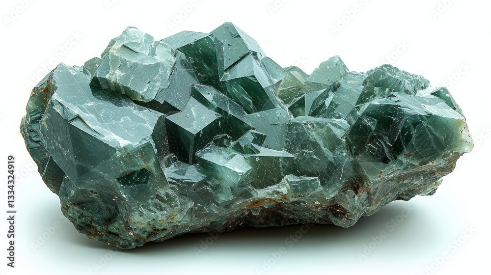 A captivating close up of a raw, uncut green quartz crystal mineral specimen, showcasing its natural beauty and intricate geometric formations against a clean white backdrop A captivating close up of a raw, uncut green quartz crystal mineral specimen, showcasing its natural beauty and intricate geometric formations against a clean white backdrop
