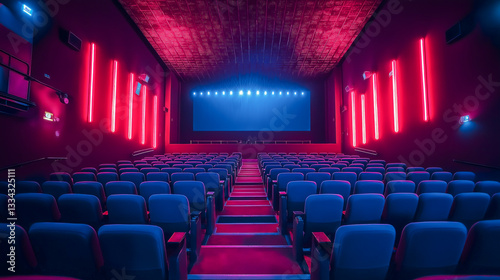 Modern cinema interior featuring vibrant lighting and empty seats before a film screening