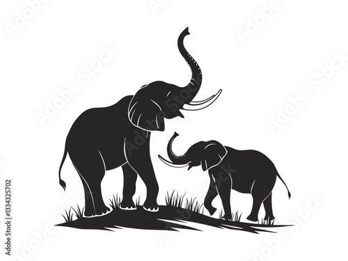 Silhouette of two elephants walking on grass