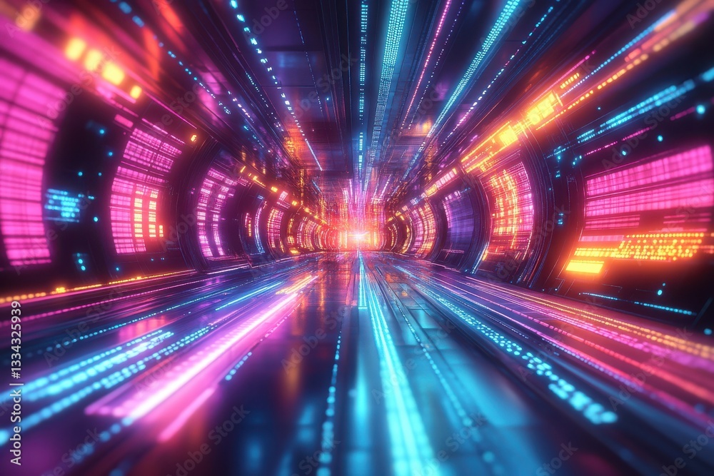 Fototapeta premium Neon Tunnel Digital Data Stream Futuristic Technology
