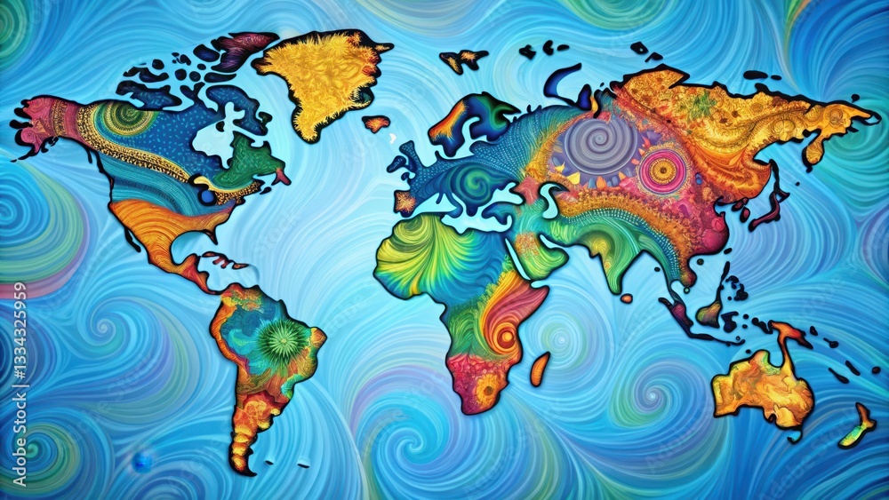 Fototapeta premium Vibrant, swirling continents and oceanic patterns on a stylized world map