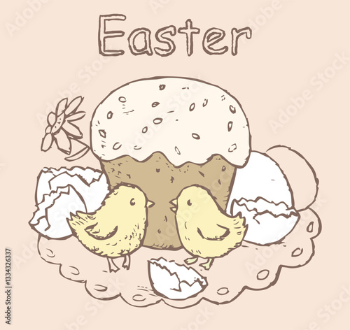Easter greeting card with newborn hatched chicks splitted eggs, Easter cake, outline hand drawn vector illustration