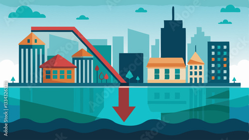 Flooded Cityscape An urban skyline where one half is submerged in water with a downward arrow indicating loss while the other half is intact with an upward arrow for investments