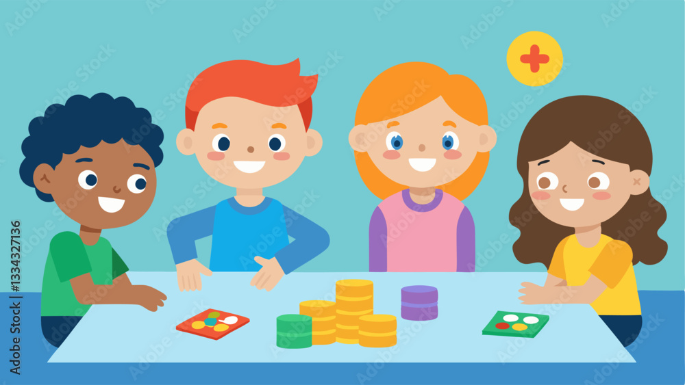 Financial Literacy for Youth Children engaged in a fun classroom where theyre playing a board game that teaches saving spending and investing with colorful game pieces representing Financial Literacy for Youth Children engaged in a fun classroom where theyre playing a board game that teaches saving spending and investing with colorful game pieces representing