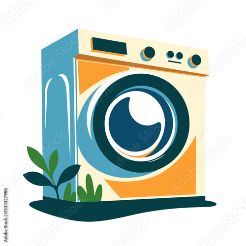 Dryer machine, modern design, with plants beside, on white background