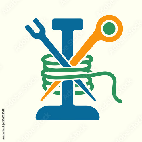 Stylized sewing tools graphic featuring a spool of thread, scissors, and needle