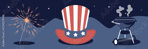 Sparkler, American hat, and BBQ grill with smoke under a starry night – Great for patriotic celebrations, Fourth of July events, or summer BBQ promotions.