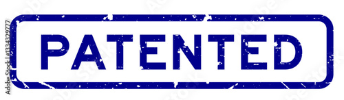 Grunge blue patented word square rubber seal stamp on white background