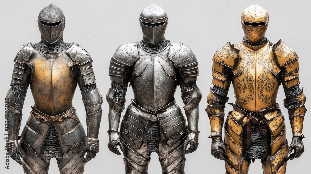 Three suits of medieval knight armor, gold, silver, and dark steel, standing in a row. Three suits of medieval knight armor, gold, silver, and dark steel, standing in a row.