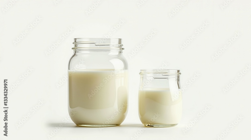 Two jars of milk are shown side by side. The jars are clear and filled with milk. Concept of simplicity and everyday life Two jars of milk are shown side by side. The jars are clear and filled with milk. Concept of simplicity and everyday life