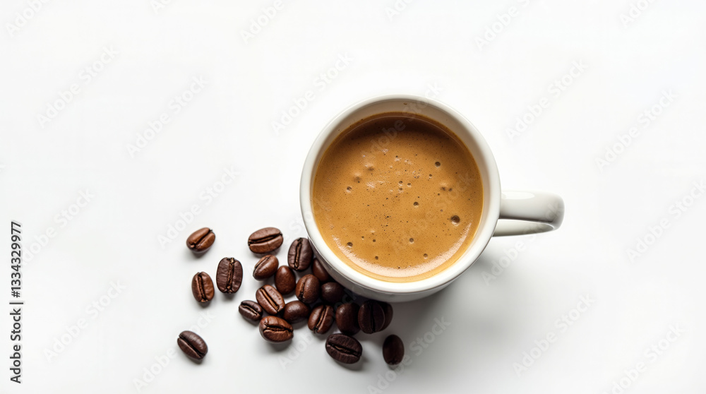 Fototapeta premium A white coffee cup with a heart design sits on top of a pile of coffee beans. Concept of warmth and comfort, as the coffee cup and beans are both associated with relaxation and enjoyment