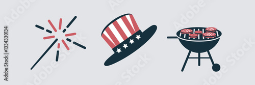 Vector icons of a sparkler, American hat, and BBQ grill with burgers and sausages – Ideal for party decorations, food festivals, or patriotic events.