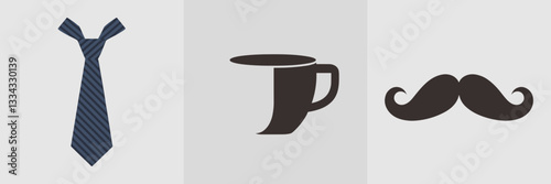Vector illustration of necktie, coffee mug, and mustache in flat style – Ideal for business attire marketing, coffee products, or stylish gift sets.