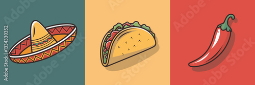 Sombrero, taco, and chili pepper vector illustration with vibrant backgrounds