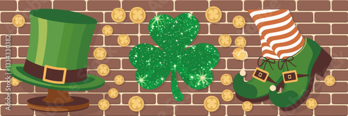 Fun, cartoonish design of green top hat, glitter shamrock, and leprechaun shoes – Ideal for holiday decorations, St. Patrick's Day events, or Irish-themed content.