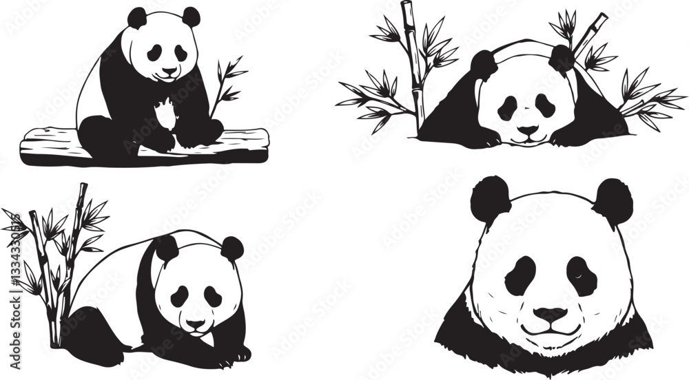 Naklejka premium panda vector silhouettes art set