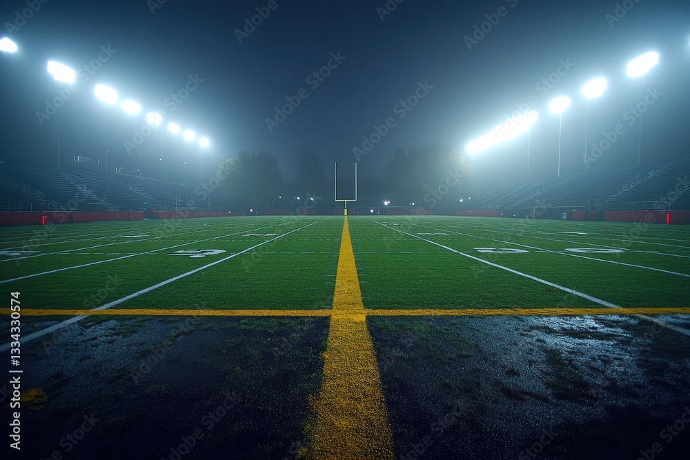 Naklejka premium Empty Night Football Field Stadium Lights Fog