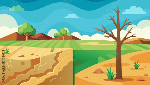 DroughtStricken Land A split illustration showing a barren landscape on one side with a decreased investment portfolio and a flourishing landscape on the other side with increased