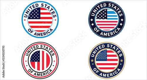 
United states of America text badge. United states flag symbol circular badge vector design. American flag round badge logo vector. United states of American text and flag round stamp vector