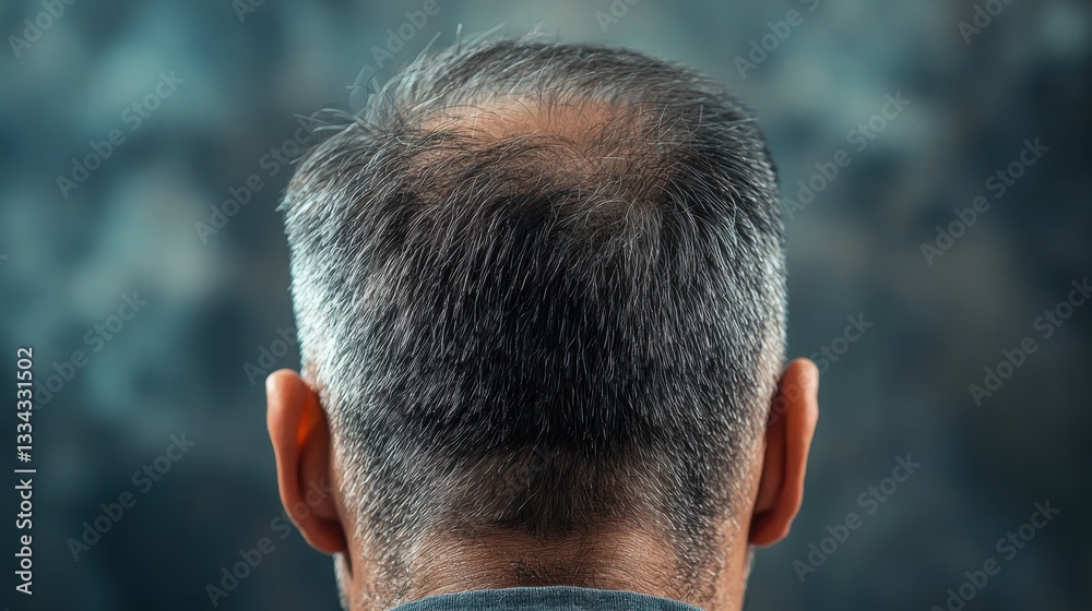 Fototapeta premium A man with graying, thinning hair sits calmly, showcasing a natural posture. The blurred backdrop offers a soothing ambiance, typical of a late afternoon setting