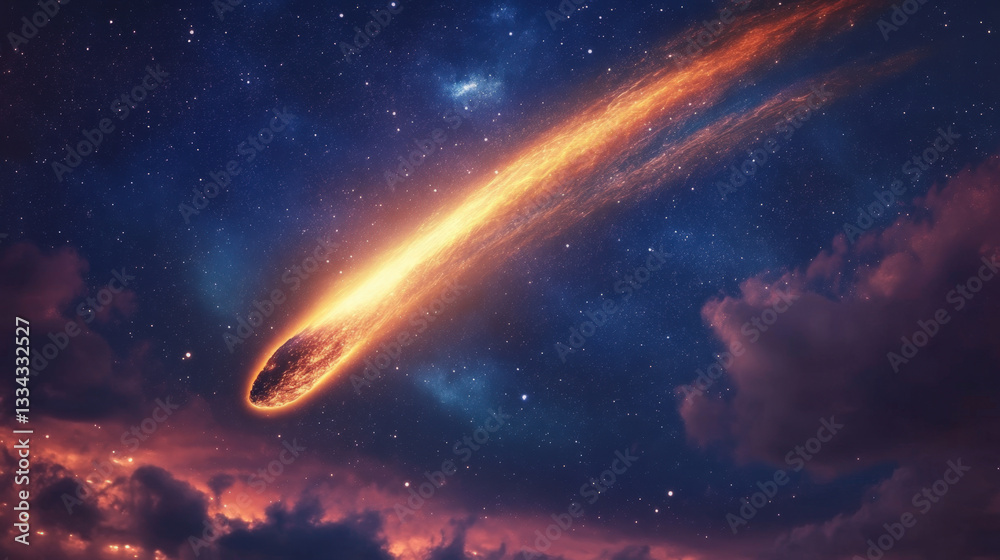 Fototapeta premium Dramatic celestial event featuring a vibrant fireball hurtling through a dark starry night sky with ethereal clouds and cosmic dust creating a stunning visual spectacle