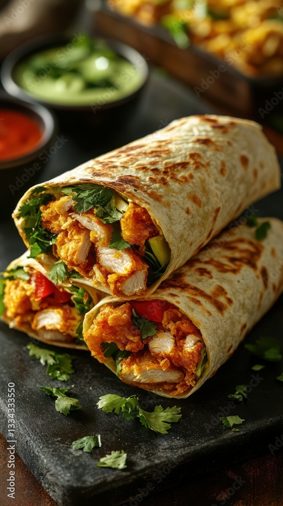 Flavorful wraps filled with chicken, vegetables, and sauces served on a dark surface Flavorful wraps filled with chicken, vegetables, and sauces served on a dark surface