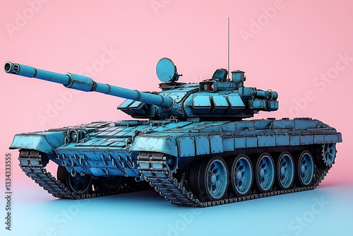 A blue armored military tank with a long gun barrel