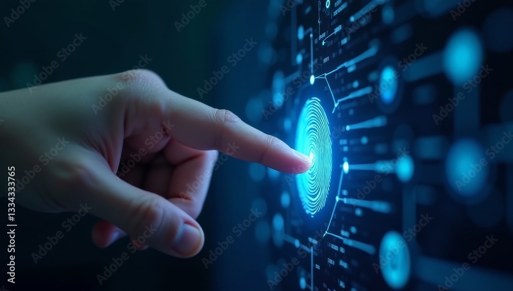 Fototapeta premium close-up of a hand pressing a digital fingerprint scanner, with a glowing blue light emanating from the sensor and digital data flowing around it