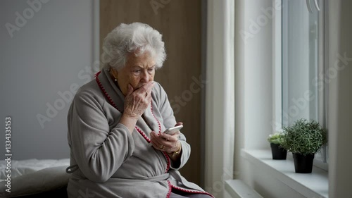 Horrified senior woman scrolling her smartphone. Phone scams on elderly people.