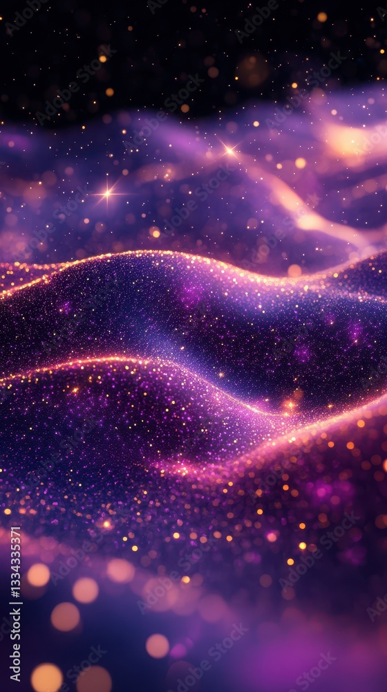 Mystical purple waves filled with shimmering stars and glowing particles at night Mystical purple waves filled with shimmering stars and glowing particles at night