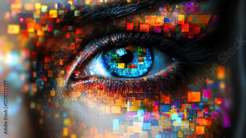 Abstract human eye featuring a digital mosaic design symbolizing technology and the future of perception with vibrant colors and intricate pixel patterns photo