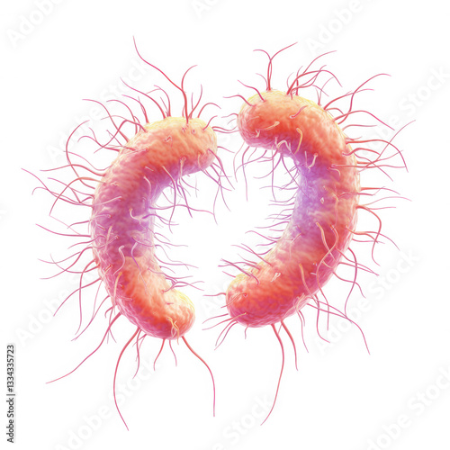 Curved bacteria with flagella, representing Campylobacter jejuni, exhibit vibrant and intricate structure. These microorganisms are significant in microbiology and health studies photo